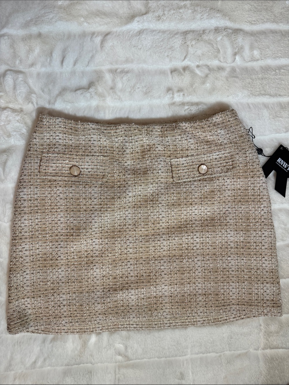 NWT Textured Beige Tweed Mini Skirt with Button Detail